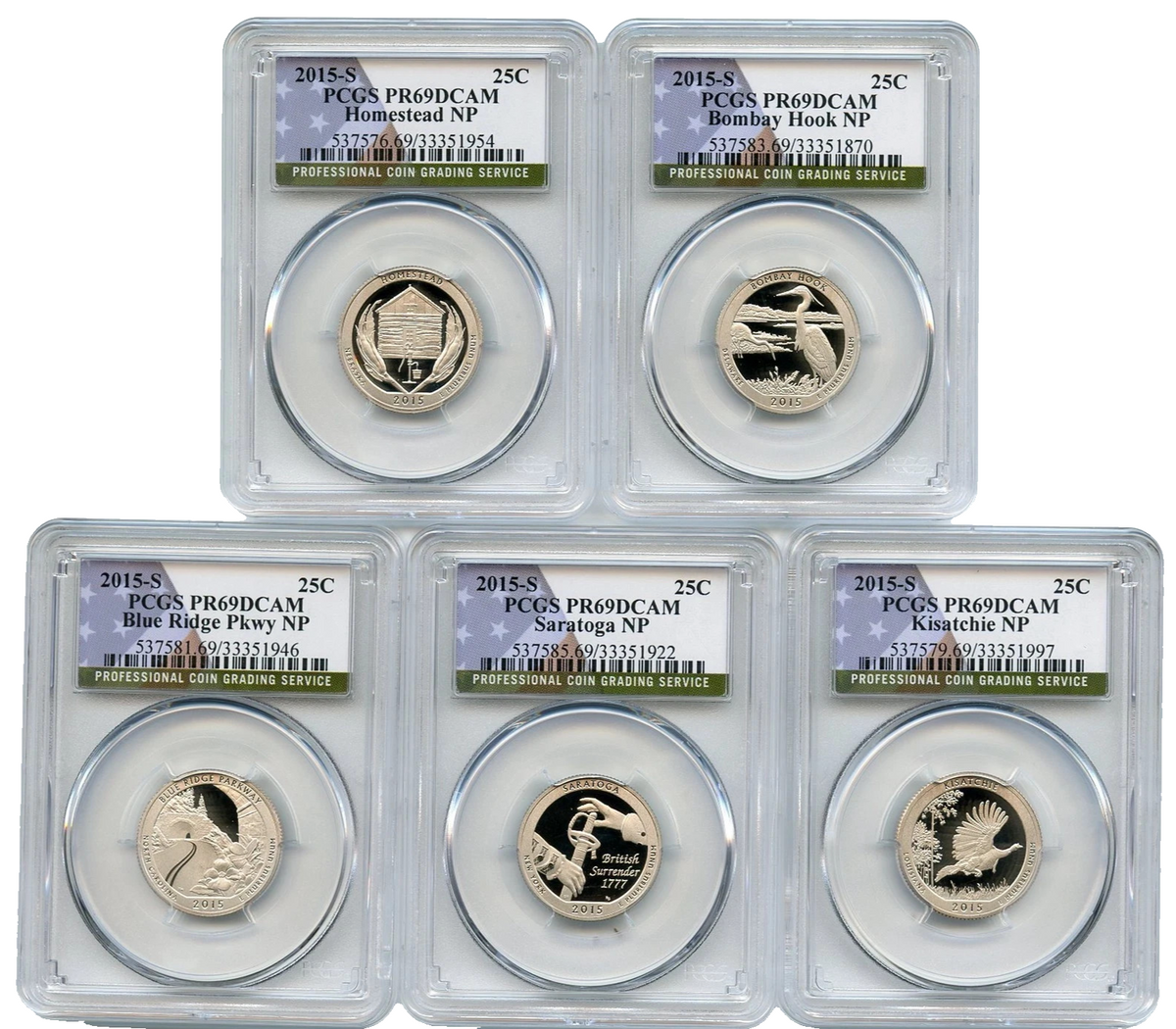 2015 S National Parks 5 Coin Quarter Set PCGS PR69DCAM Special Flag NP Label