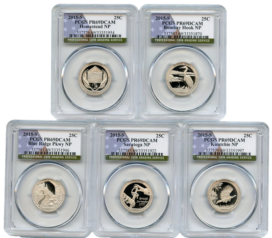 2015 S National Parks 5 Coin Quarter Set PCGS PR69DCAM Special Flag NP Label