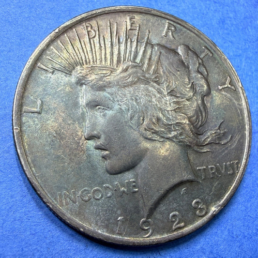 1923 Peace Silver Dollar AU Blue Rainbow Toner Major Die Crack Rim Cud Error $1