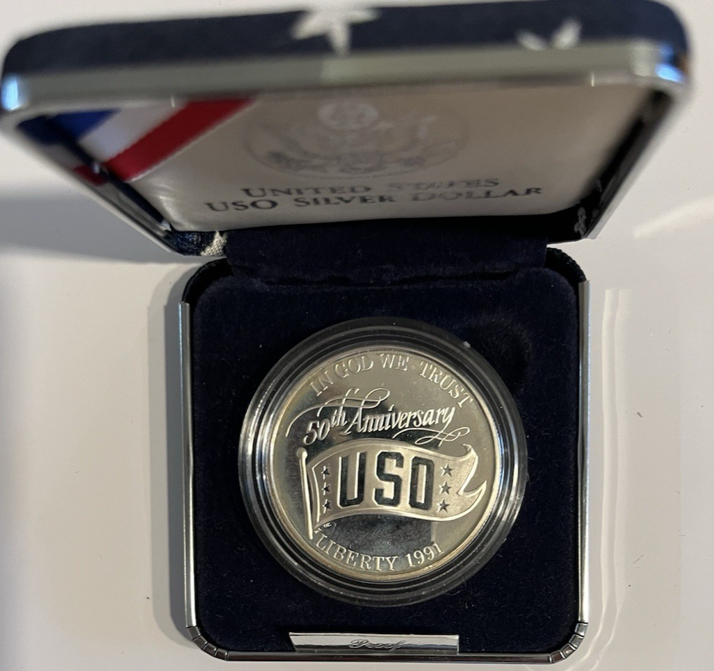 1991 S USO 50th ANNIVERSARY 90% Silver Dollar Gem Proof Coin Holder and Case