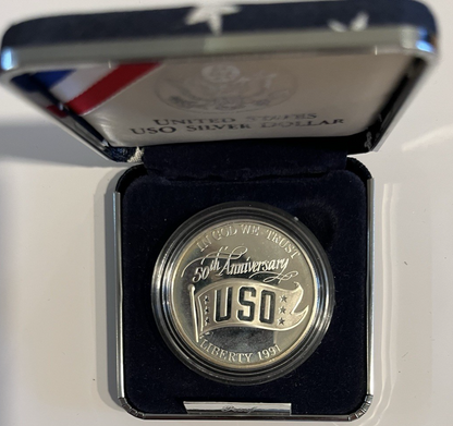 1991 S USO 50th ANNIVERSARY 90% Silver Dollar Gem Proof Coin Holder and Case