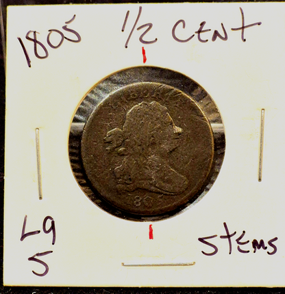 1805 Draped Bust Half Cent Large 5 W/Stems VG-Fine Features *Rotation Error* 1C