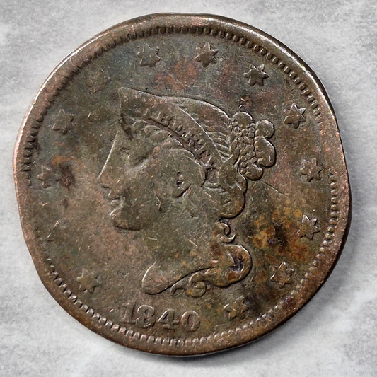 1840 Braided Hair Large Cent N-2 Small Date Over Large 18 Red Book Variety Fine