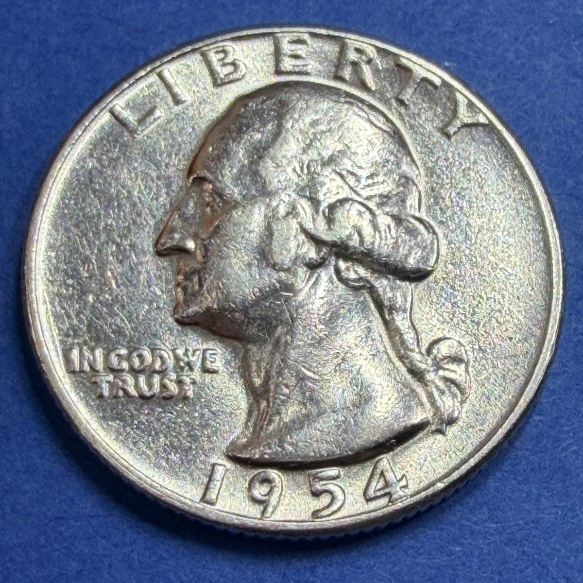 1954 Washington Quarter 25C AU Silver Rainbow Toned Philadelphia Mint Coin