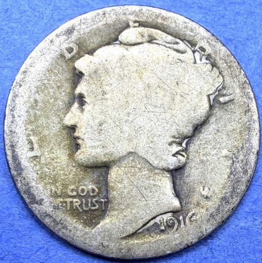 1916 Mercury Dime 10C First Year of Issue 90% Silver G Good Philadelphia Coin