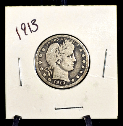 1913 Barber Silver Quarter 90 % SILVER Better Date Coin Crisp VG-F Features 25C