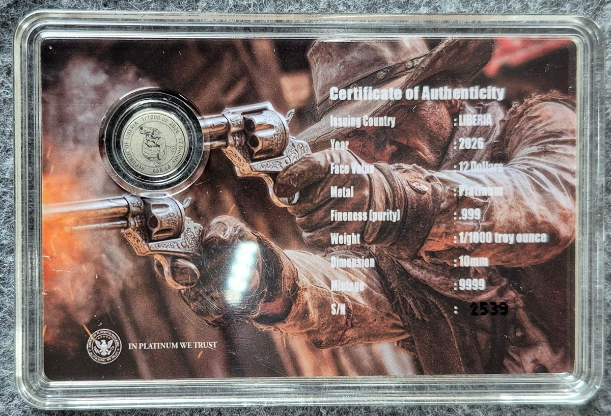 2026 Liberia $12 Revolver 1/1000 oz .999 Platinum Coin BU COA Low Serial #2539