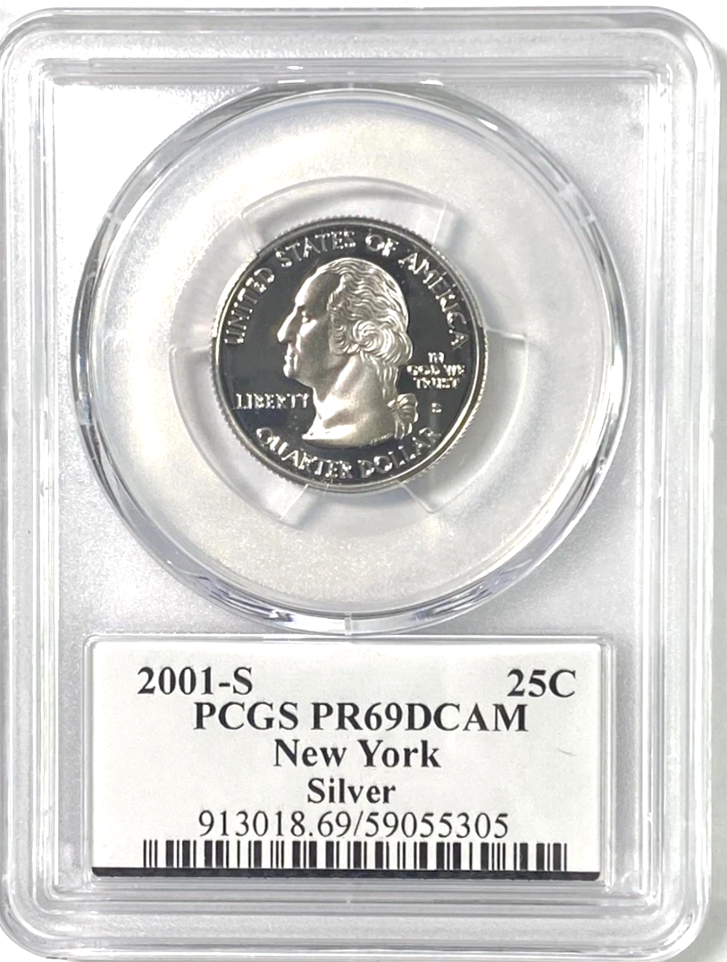 ✅ 2001-S New York 90% SILVER Washington Quarter ~ PCGS PR69DCAM State Flag Label