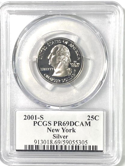 ✅ 2001-S New York 90% SILVER Washington Quarter ~ PCGS PR69DCAM State Flag Label