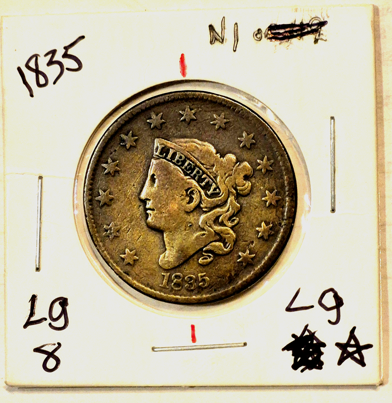 1835 Coronet Head Large Cent Lg 8 and Stars VF Features 15°CW Rotated Die Error