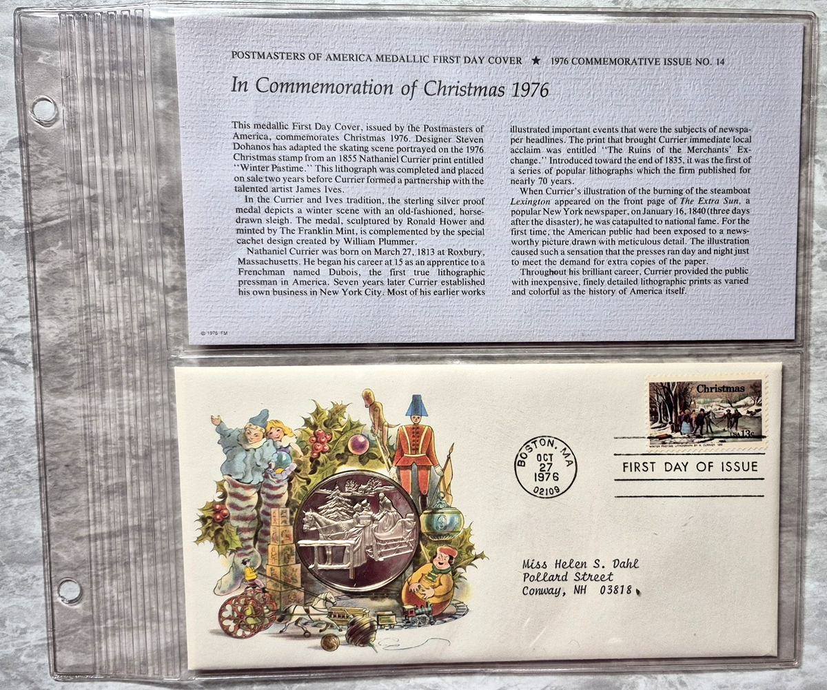 1976 Postmasters of America Christmas Sterling Silver Proof Medal FDC Set