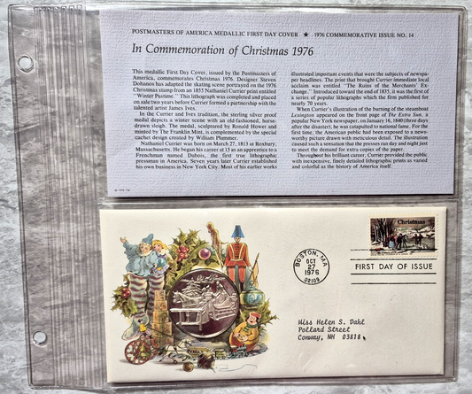 1976 Postmasters of America Christmas Sterling Silver Proof Medal FDC Set