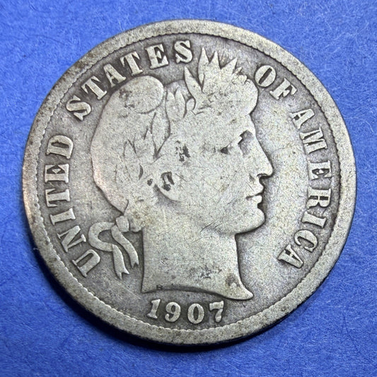 1907 Barber Dime 10C F Fine Philadelphia Mint 90% Silver US Coin