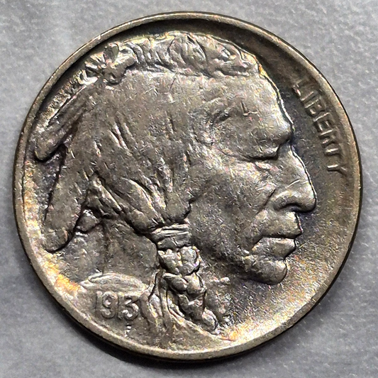 1913 Type 1 Buffalo Nickel 5C First Year Raised Mound Full Horn AU Rainbow Toned