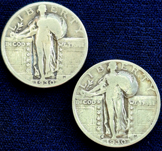 1930 P & 1930-S Standing Liberty Silver Quarters Matching VG+ Features Last Year