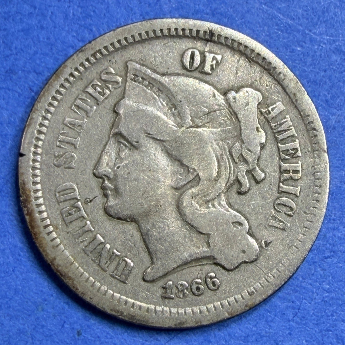 1866 Three Cent Nickel 3CN F-VF Civil War Era US Type Coin Nice Even Wear
