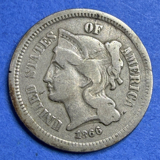 1866 Three Cent Nickel 3CN F-VF Civil War Era US Type Coin Nice Even Wear