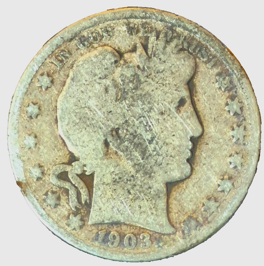 1903-S Barber Half Dollar 90% Silver 50C Good+ Features Partial Motto