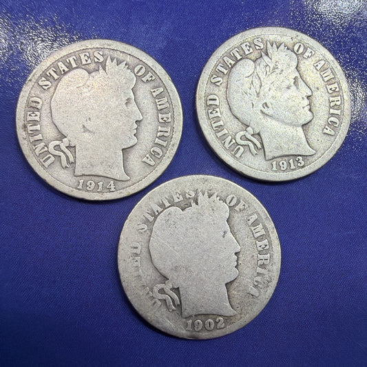 1902 1913 1914 Barber Dime 10C Lot of 3 G Good 90% Silver US Coins