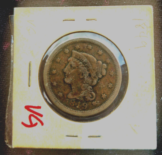 1849 Coronet Large Cent Braided Hair, N1-R4, Vintage Flip F-VF Features 1C
