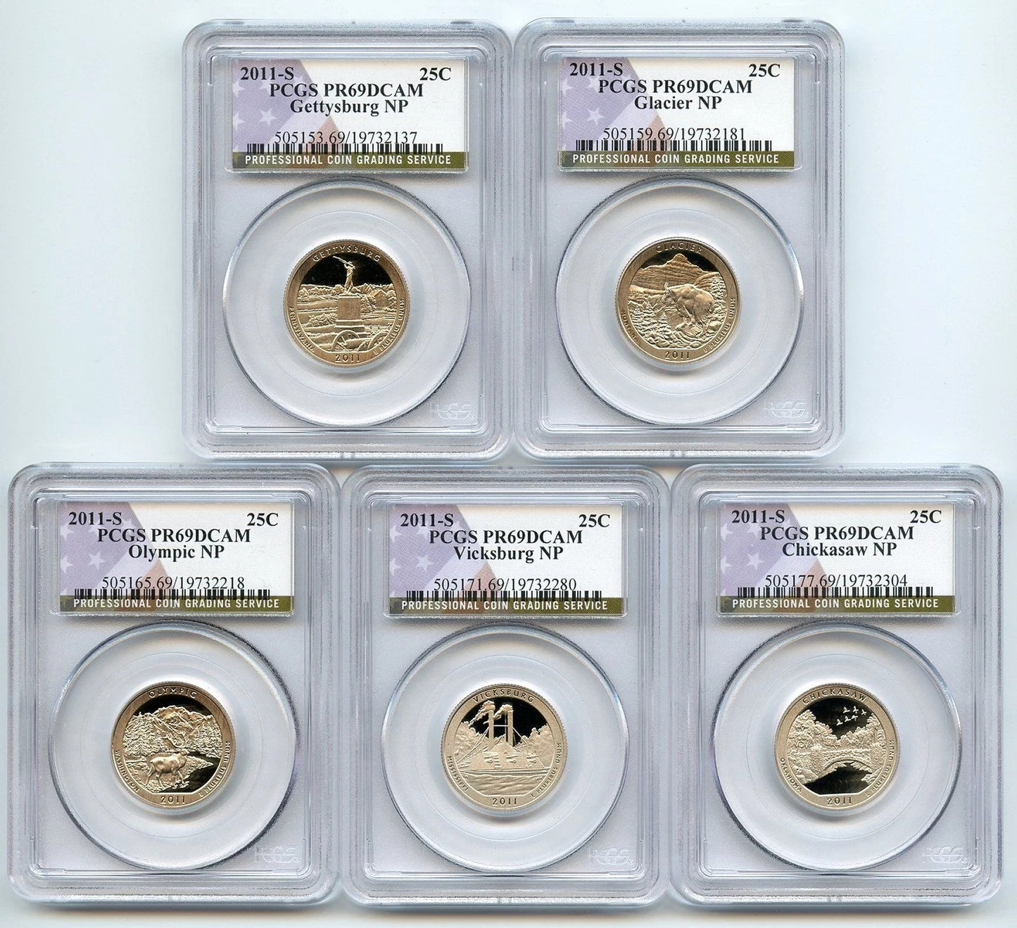 2011 S National Parks Washington Quarter 5 Coin Set PCGS PR69DCAM NP Flag Label