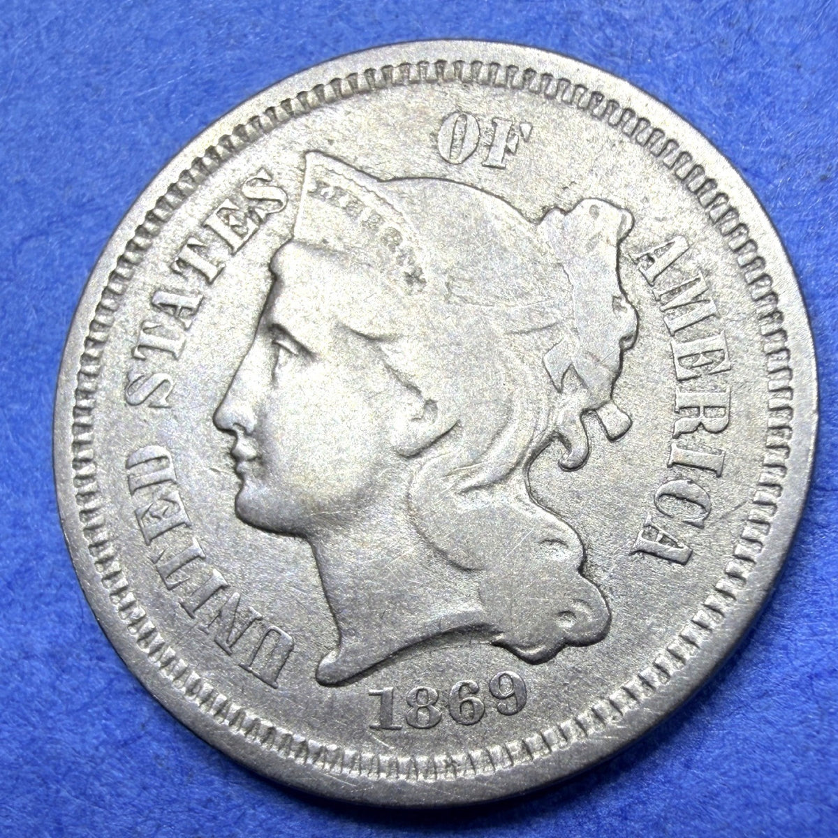1869 Three Cent Nickel 3C Ungraded VF XF Bold III Pillars 19th Century Type Coin