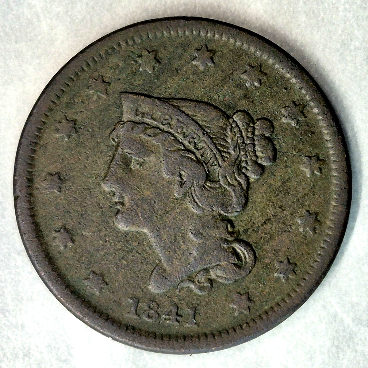 1841 Braided Hair Large Cent N-5 R-3 1C Fine Lowest Mintage of 1840s US Coin