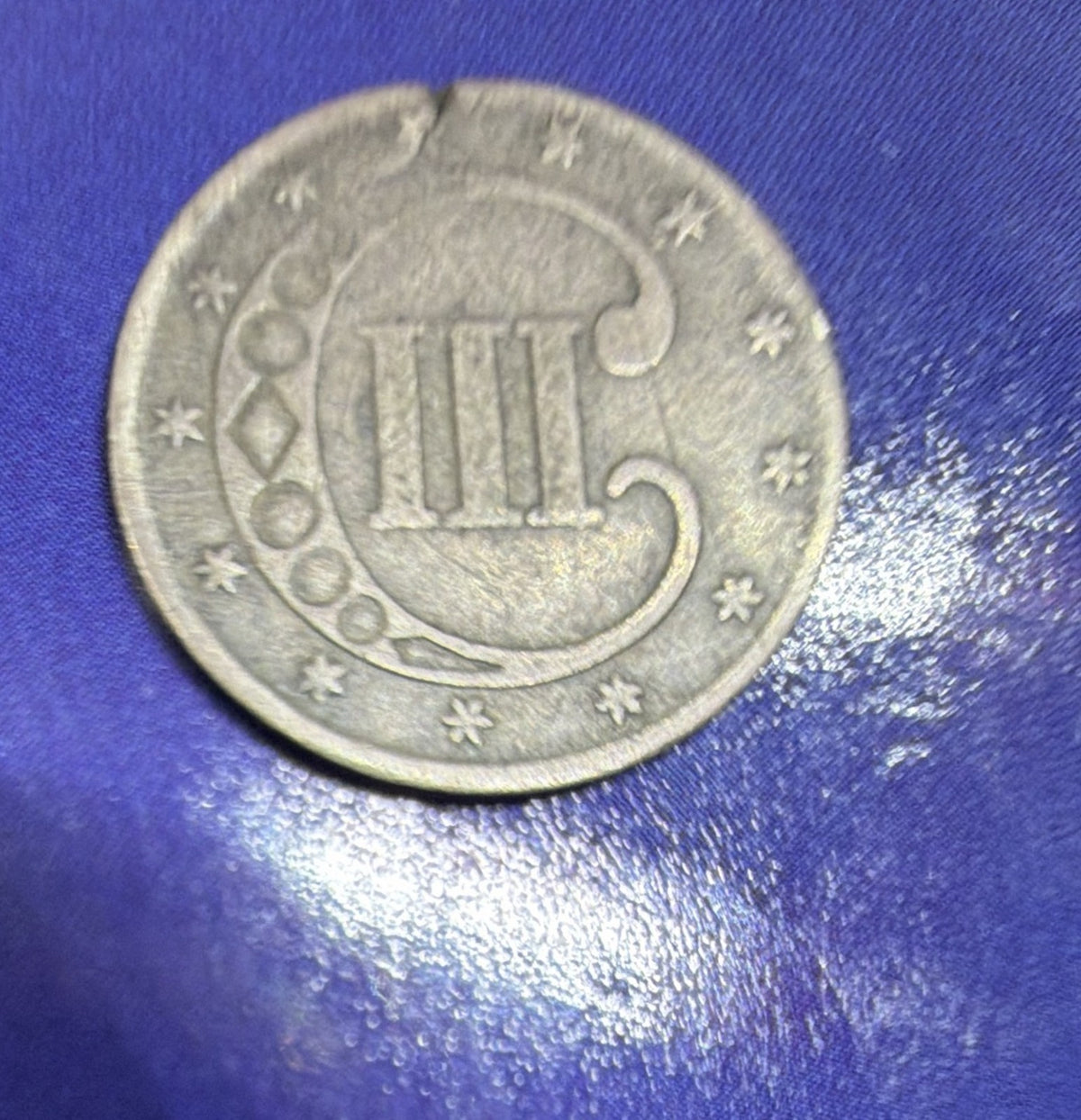 1852 Silver Three Cent Piece Trime 3C F Fine Die Crack 75% Silver US Coin...