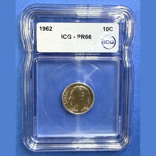 1962 Roosevelt Dime Proof ICG PR66 90% Silver 10C Golden Toned US Proof Coin