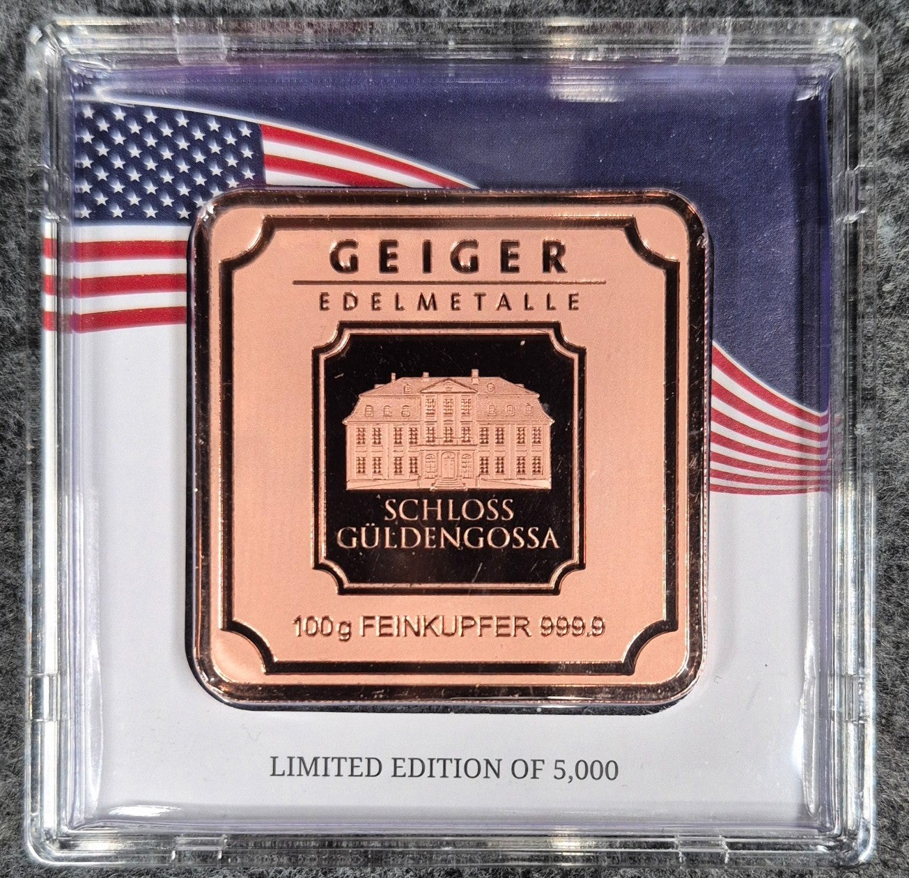 Geiger Edelmatalle Premium 100 Gram 9999 Copper Bar In Mint Assay 5000 Minted