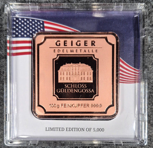 Geiger Edelmatalle Premium 100 Gram 9999 Copper Bar In Mint Assay 5000 Minted