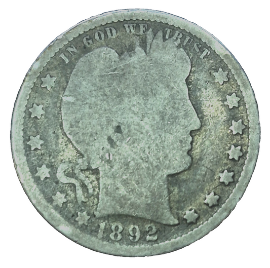 1892-P BARBER Silver Quarter 90% Silver AG Features 1st Year of the Barbers 25C