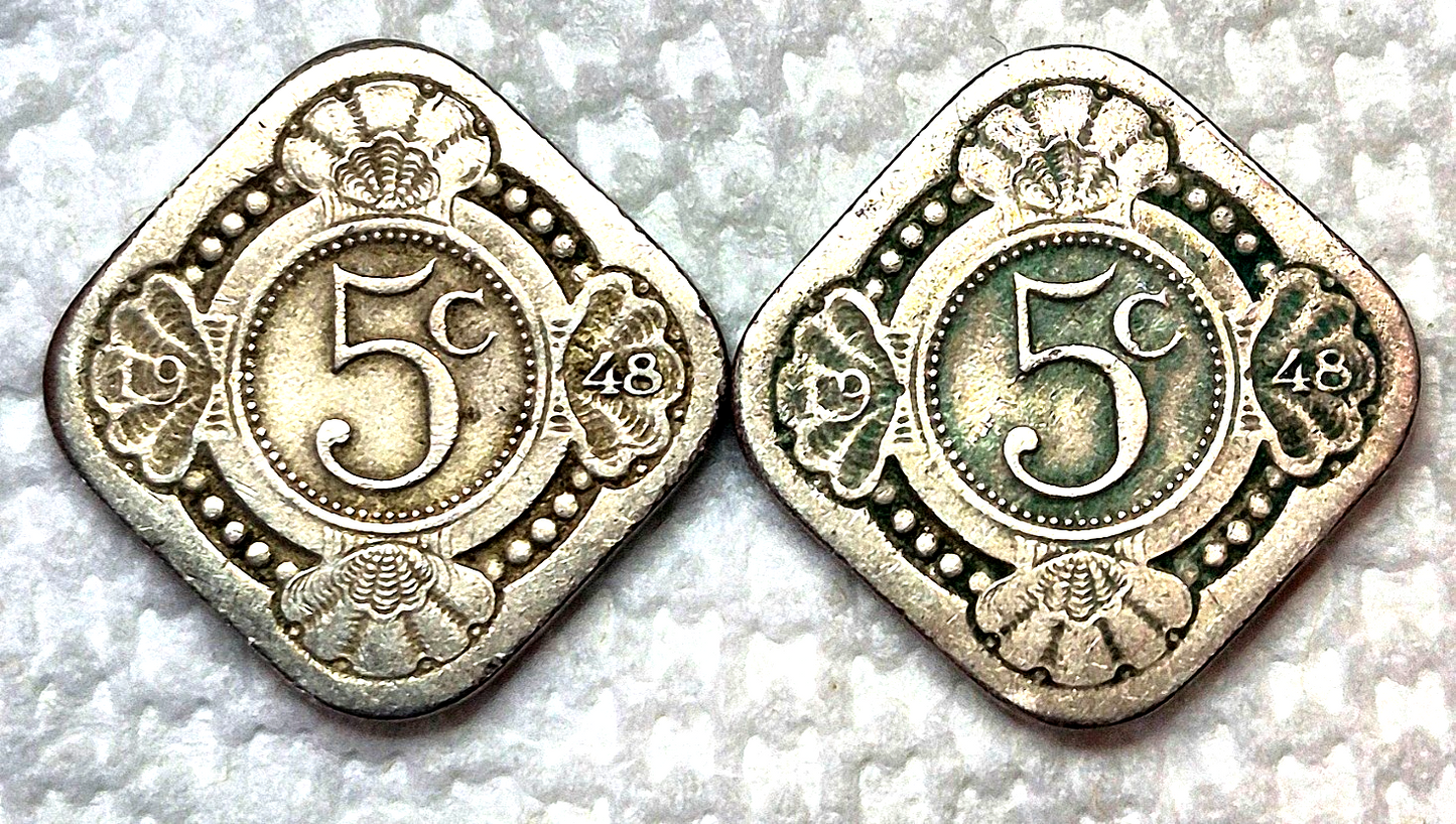 LOT (2) 1948 Netherlands Curacao 5 Cents Old Square Shape Coins XF-AU, KM 47