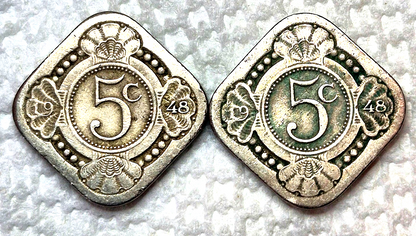 LOT (2) 1948 Netherlands Curacao 5 Cents Old Square Shape Coins XF-AU, KM 47