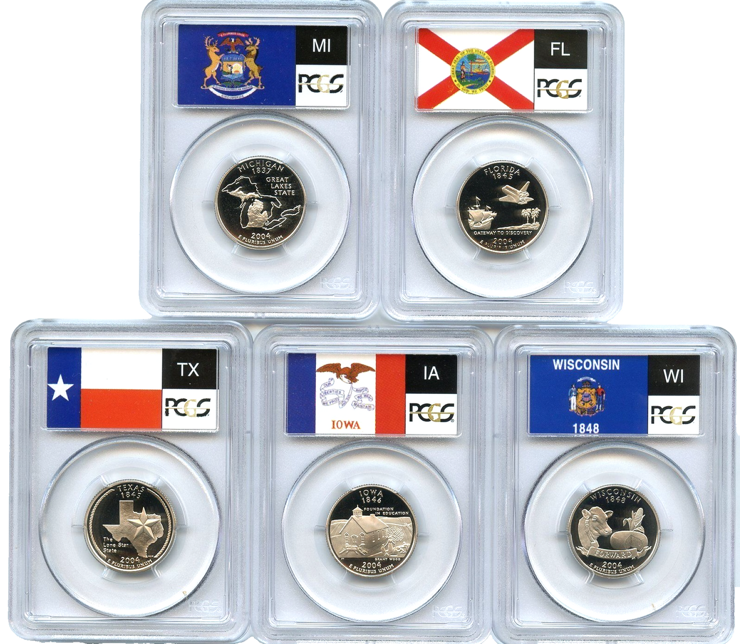 🔥 2004 S 5 Coin State Quarter Set PCGS PR69DCAM MI FL TX IA WI Flag Labels