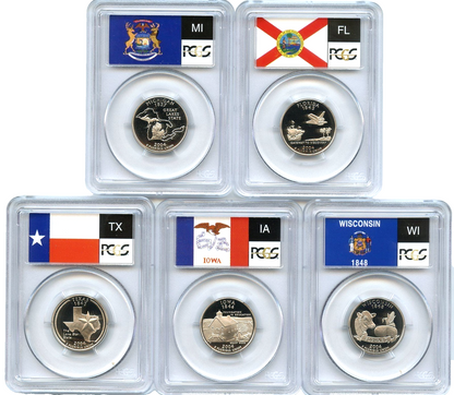 🔥 2004 S 5 Coin State Quarter Set PCGS PR69DCAM MI FL TX IA WI Flag Labels