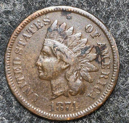 1874 Indian Head Cent Penny, F+/VF Features, LIBERTY, Receive Coin Pictured 1C