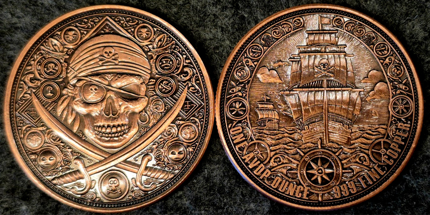 1 oz AVDP .999 Fine Copper Round  ☠️ Antiqued Pirate Design ☠️ 1 Ounce Coin USA