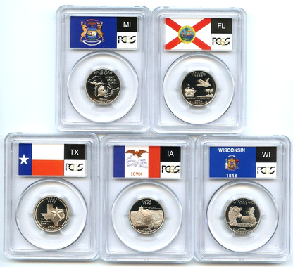 🔥 2004 S 5 Coin State Quarter Set PCGS PR69DCAM MI FL TX IA WI Flag Labels
