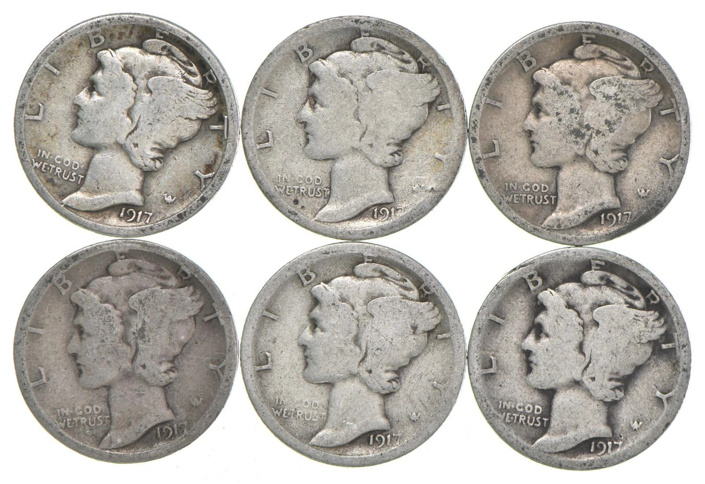1917-S Mercury 90% Silver Dimes G-VG (Good - Very Good) Average Circulated
