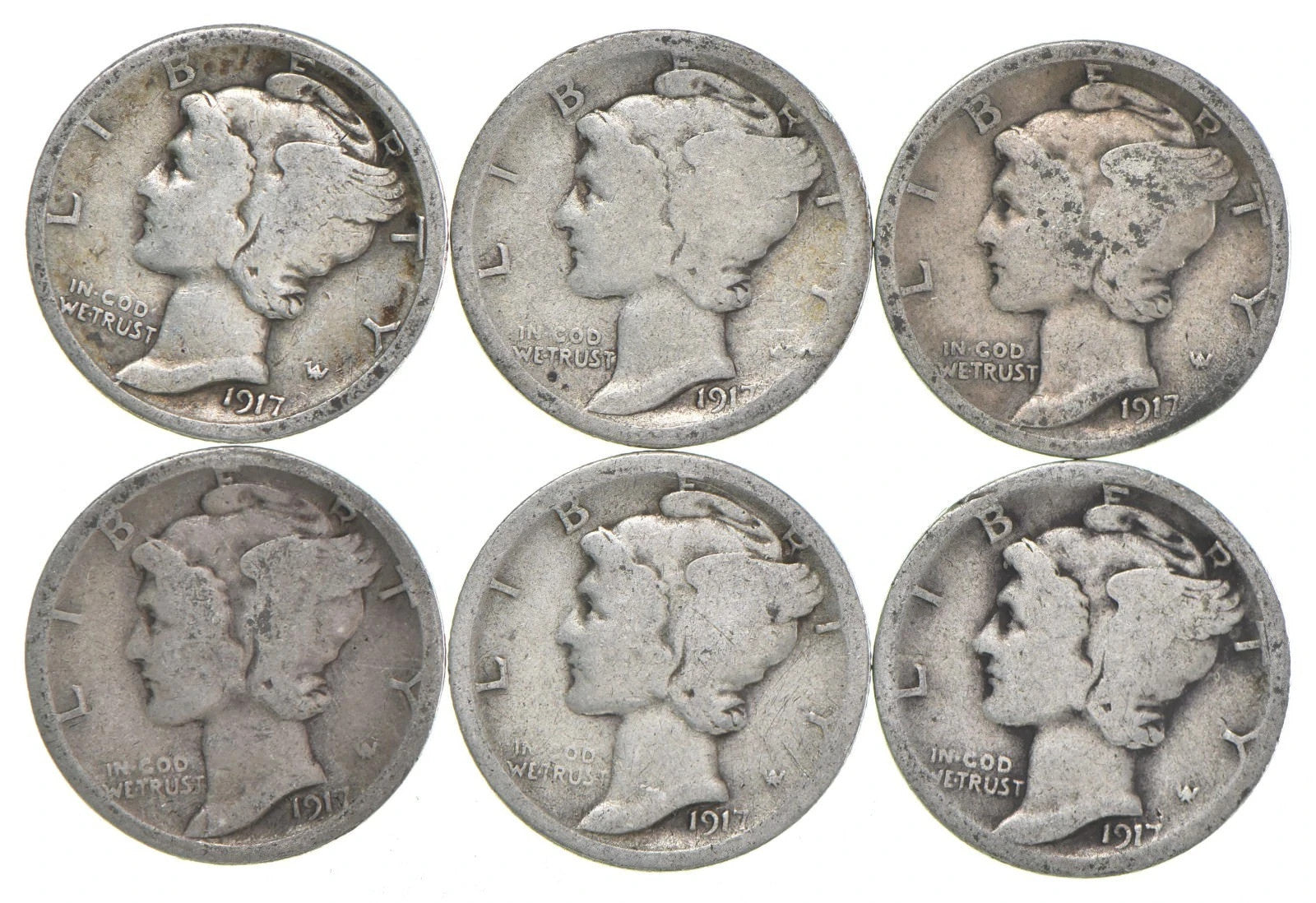 1917-S Mercury 90% Silver Dimes G-VG (Good - Very Good) Average Circulated