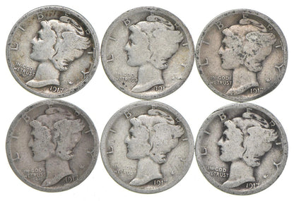 1917-S Mercury 90% Silver Dimes G-VG (Good - Very Good) Average Circulated