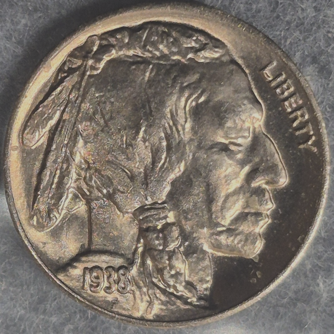1938-D Buffalo Nickel 5C Last Year of Type Denver Mint Full Horn BU UNC Toned