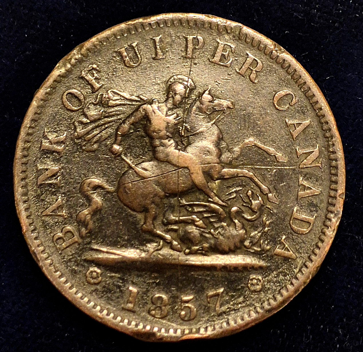 1857 BANK OF UPPER CANADA ONE PENNY TOKEN-COPPER - St. George Slaying the Dragon