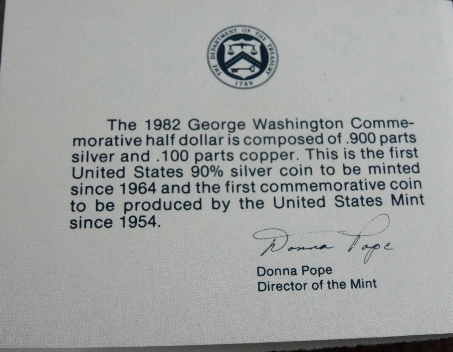 1982-D George Washington Commemorative Half Dollar 90% Silver BU Unc Box & COA