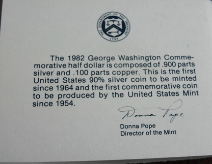 1982-D George Washington Commemorative Half Dollar 90% Silver BU Unc Box & COA