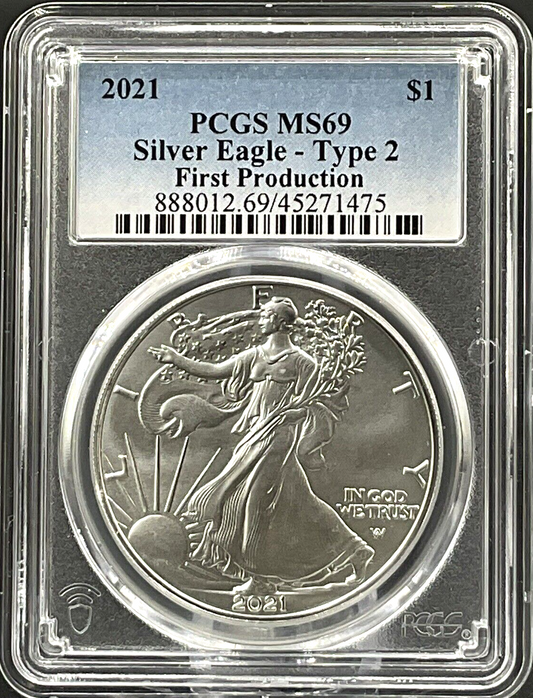 ✅  2021 American Silver Eagle Type 2 PCGS MS69 First Production Blue Label .999