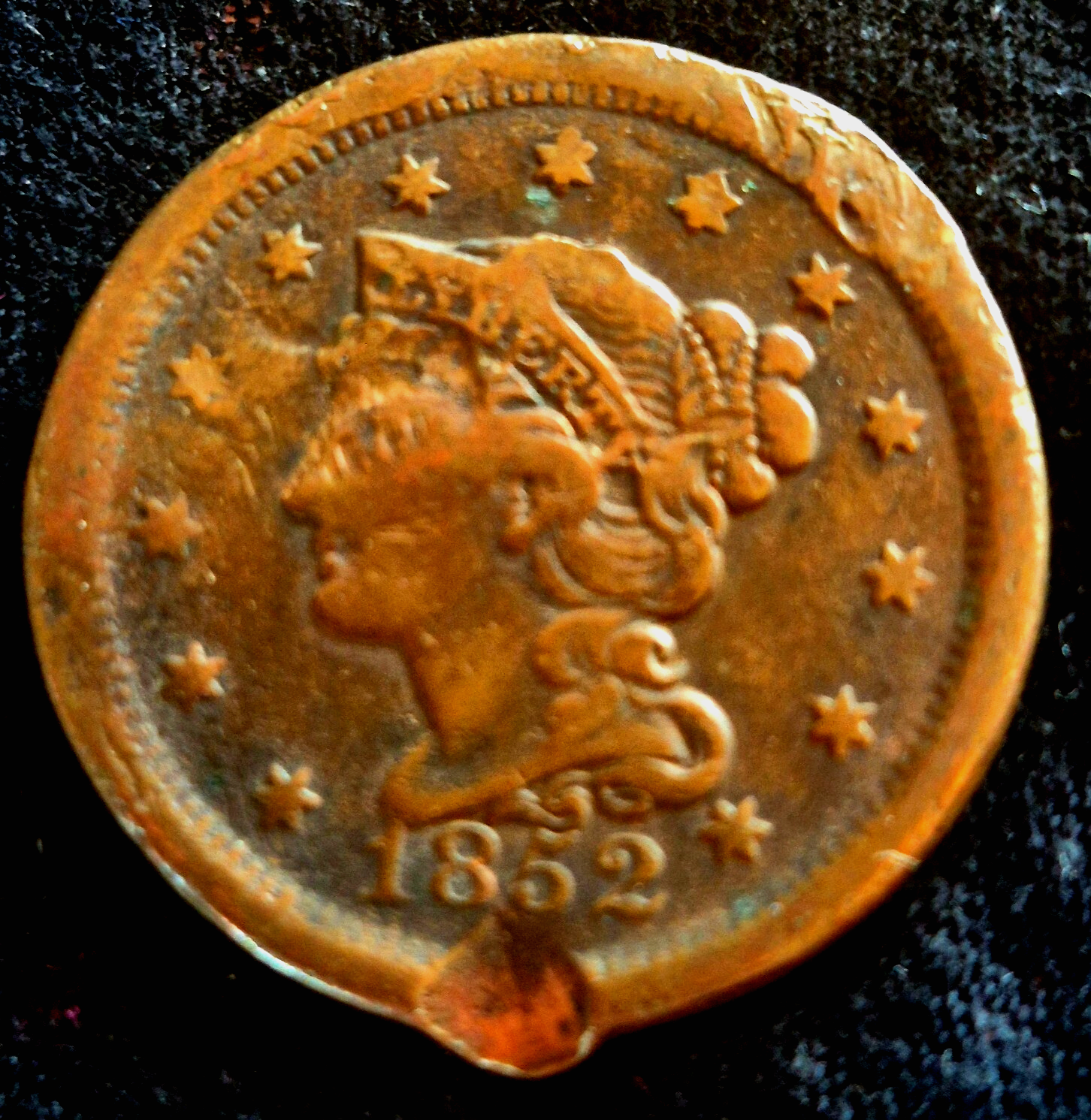 1852 Large Cent Braided Hair 45 Degree Die Rotation N3 R1 Partial Liberty