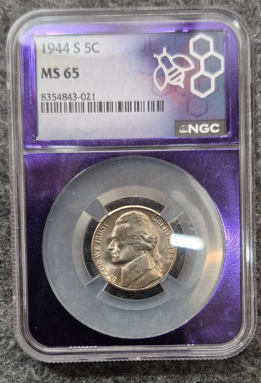 1944-S Jefferson War Nickel NGC MS65 Trader Bea Purple Core 35% Silver WWII 5C