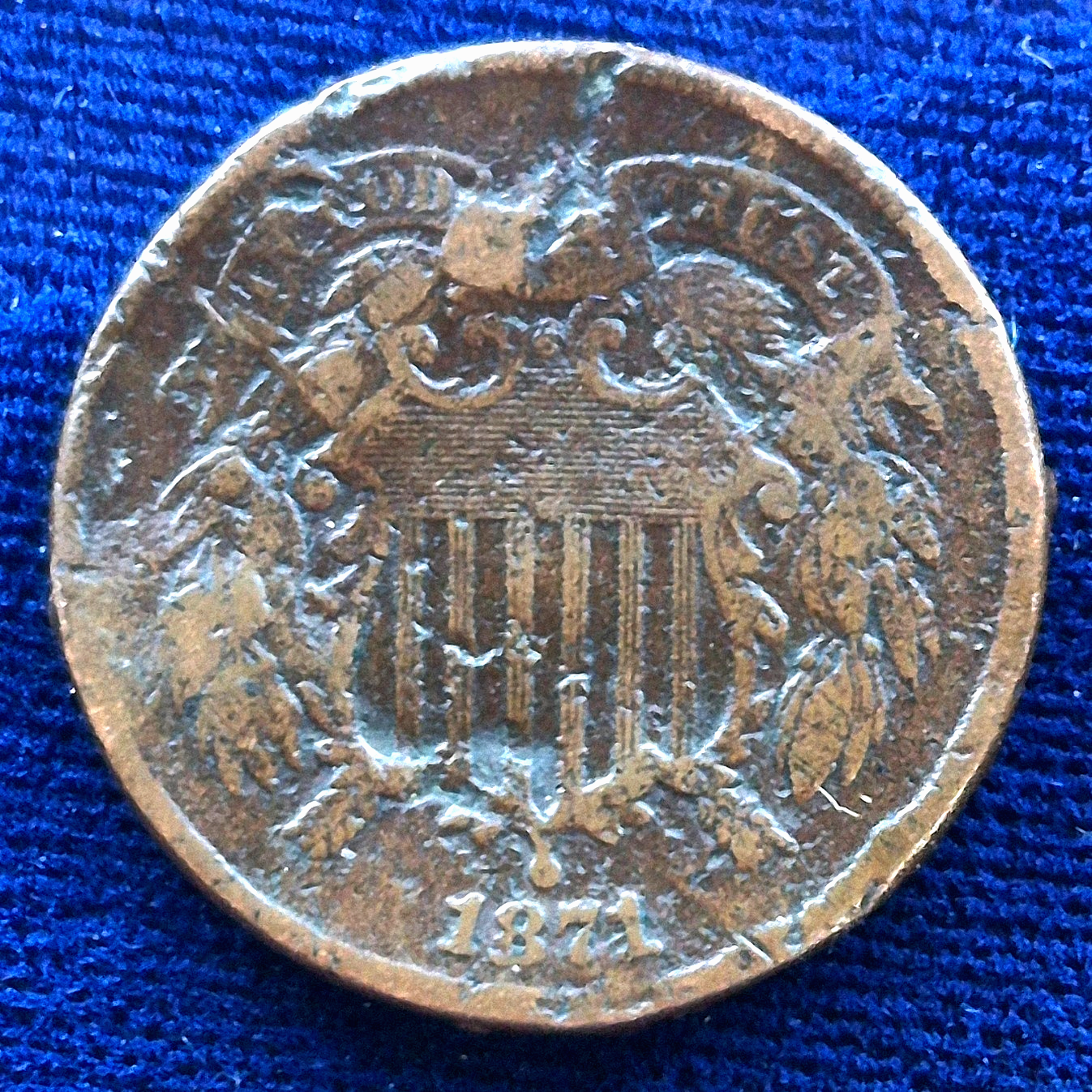 1871 Two Cent, Extremely Low Mintage and Survival, Damaged Yet Good Features, 2C